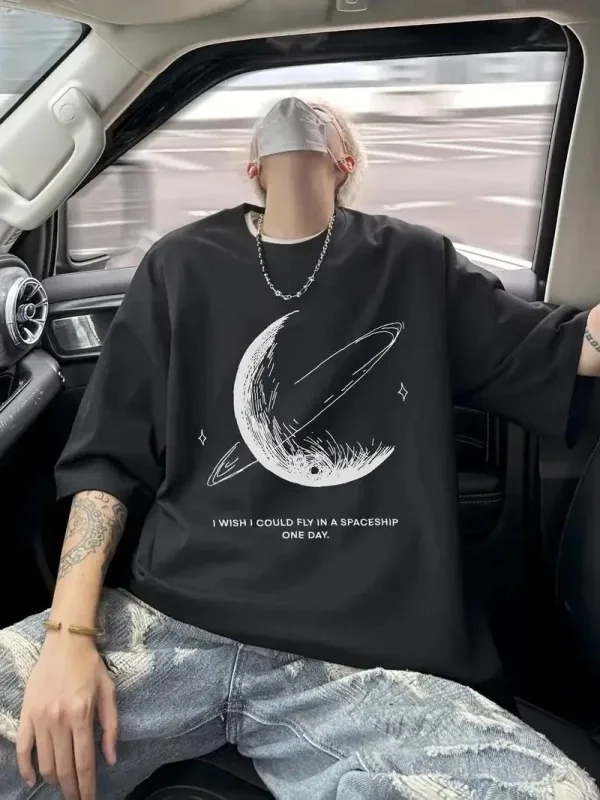 Pánske čierne oversize cyklistický výstrih potlačené tričko 1