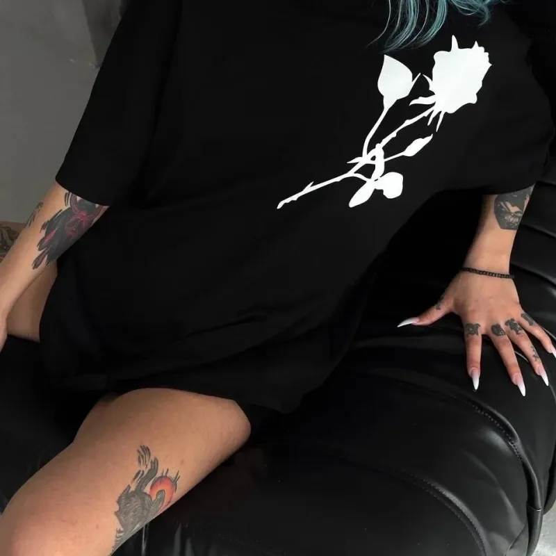 Femeie Neagră Oversize Guler Bicicletă Imprimat Mânecă Scurtă Tricou