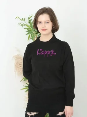Dámský černý trikotový svetr s kulatým výstřihem a potiskem