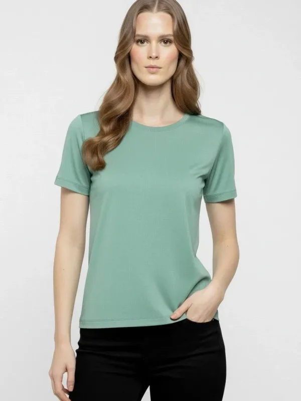 Γυναικείο Μίντι Πράσινο Slim Fit Με Λύκρα Στρογγυλή Λαιμόκοψη Βασικό T-Shirt 3