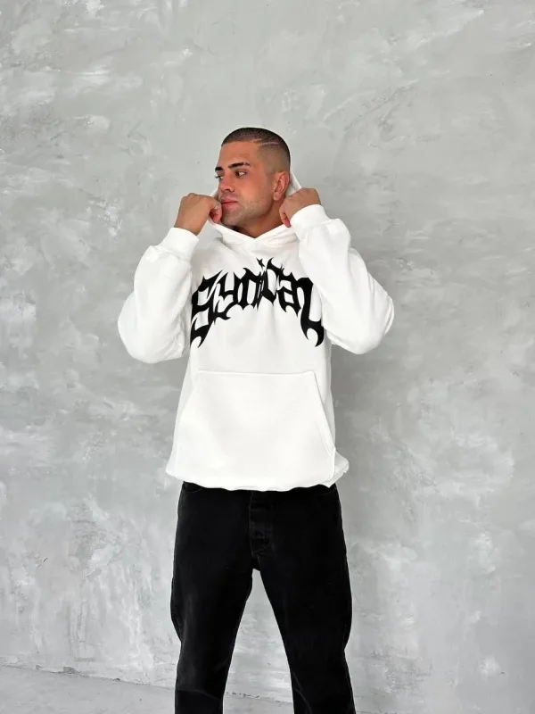 Férfi fehér oversize 3 szálas pamut kapucnis nyomott sweatshirt 2