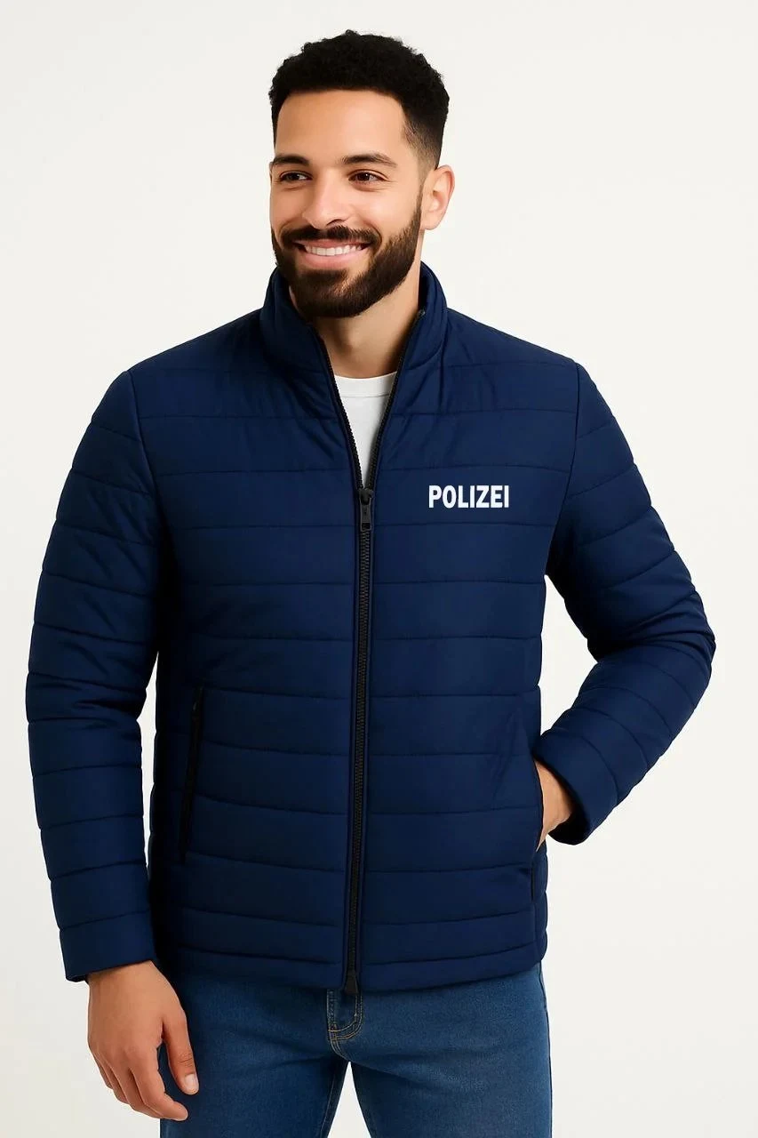 Muška tamnoplava mikro vodoodbojna prošivena bomber jakna sa printom i patent zatvaračem