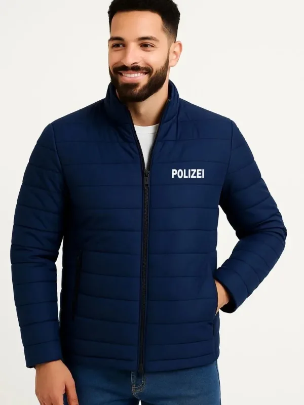 Men's Navy Micro Water-Repellent Quilted Printed Zippered Bomber Jacket
