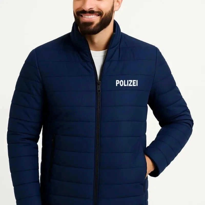 Pánská tmavě modrá mikro vodoodpudivá prošívaná bomber bunda s potiskem a zipem