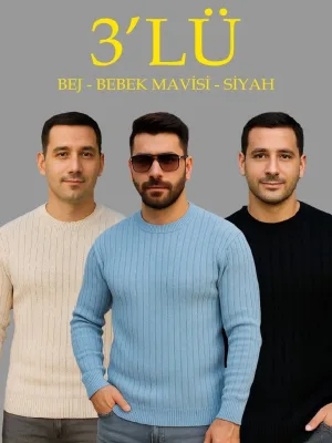 Muški bež crni baby plavi rebrasti biciklistički izrez 3-komplet džemper