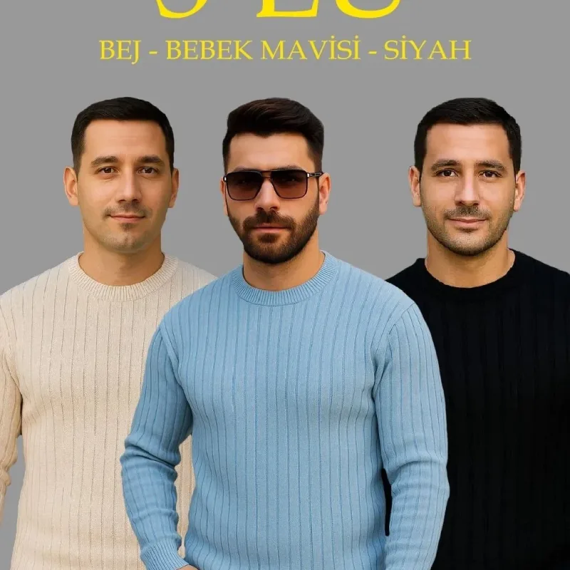 Muški bež crni baby plavi rebrasti biciklistički izrez 3-komplet džemper