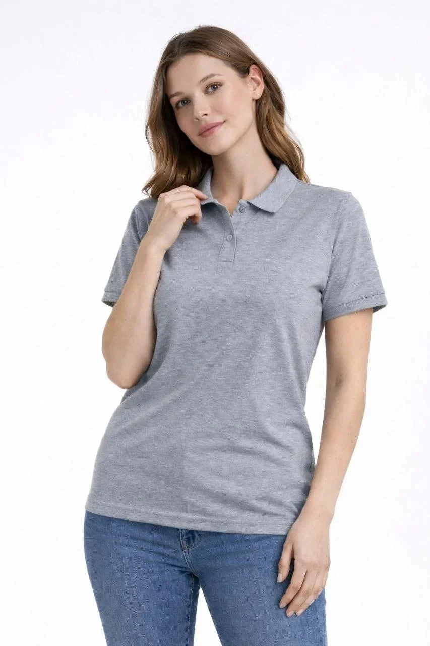 Damski Szary Regular Pike Tkanina Krótki Rękaw Polo Kołnierz T-shirt