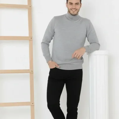 Muški sivi regular mekane teksture pamučni poluovratnik triko džemper 3