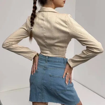 Köynək Yaka Beli Bağlamalı Crop Bluz Krem 5
