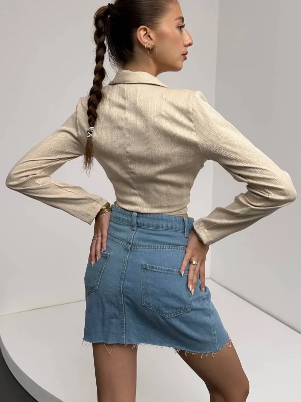 Köynək Yaka Beli Bağlamalı Crop Bluz Krem 5