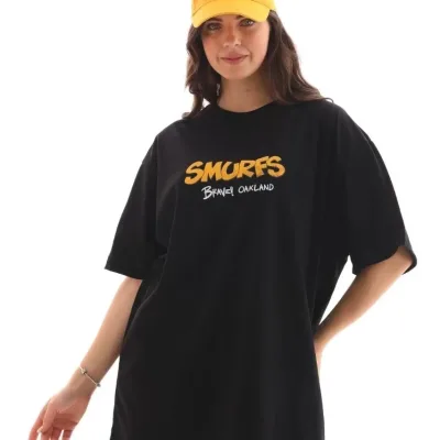 Női Fekete Oversize Kerékpárnyakú Nyomott Póló 4