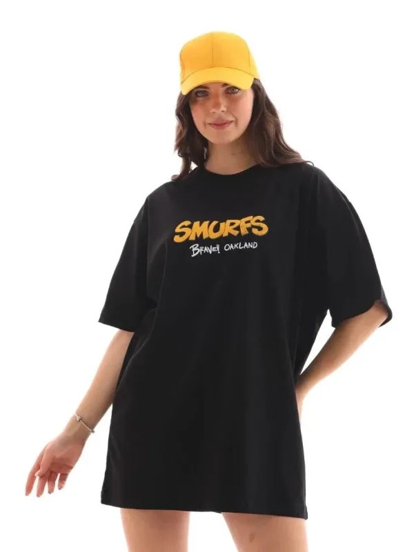 Női Fekete Oversize Kerékpárnyakú Nyomott Póló 4