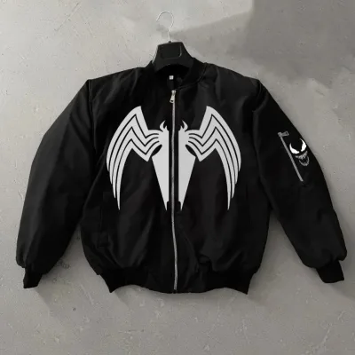 Mêrê Reş Bi Nexşê Pîrika Bi Bêrîkên Bomber Fermuar Ceket 2
