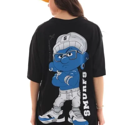Női Fekete Oversize Kerékpárnyakú Nyomott Póló 2