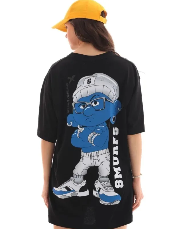 Női Fekete Oversize Kerékpárnyakú Nyomott Póló 2