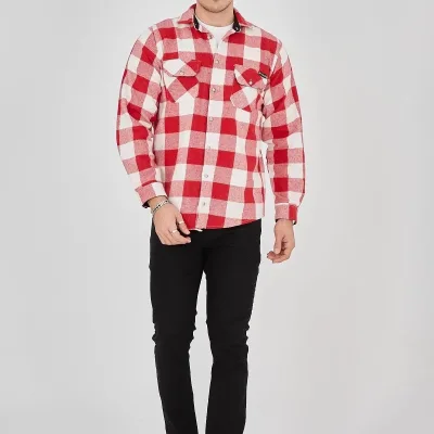 Męski Różowy Regular Fit Szardonowana Kraciasta Długi Rękaw Koszula Flanelowa 1