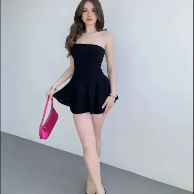 Women's Black Ruched Strapless Mini Skirt Look Shorts Dress 4