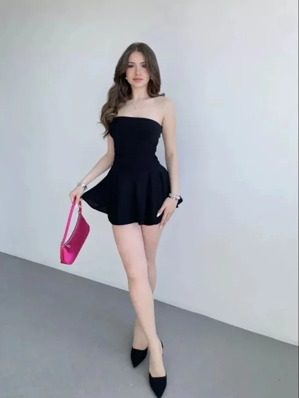 Women's Black Ruched Strapless Mini Skirt Look Shorts Dress 4