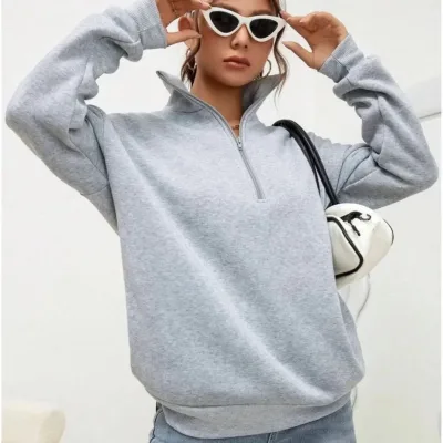 Women's Gray Half-Zip High Neck Cotton Sweatshirt 2