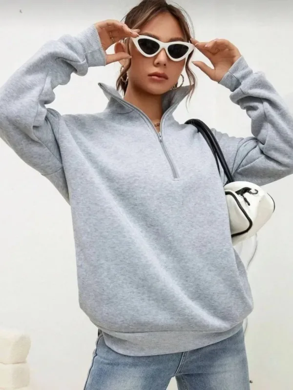 Women's Gray Half-Zip High Neck Cotton Sweatshirt 2