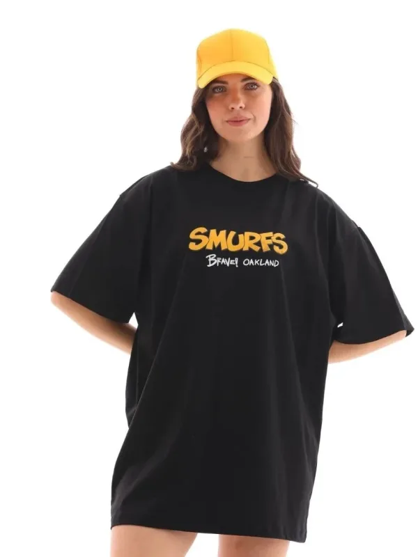 Női Fekete Oversize Kerékpárnyakú Nyomott Póló 5