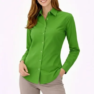 Women's Green Regular Classic Collar Buttoned Long Sleeve Shirt 2
