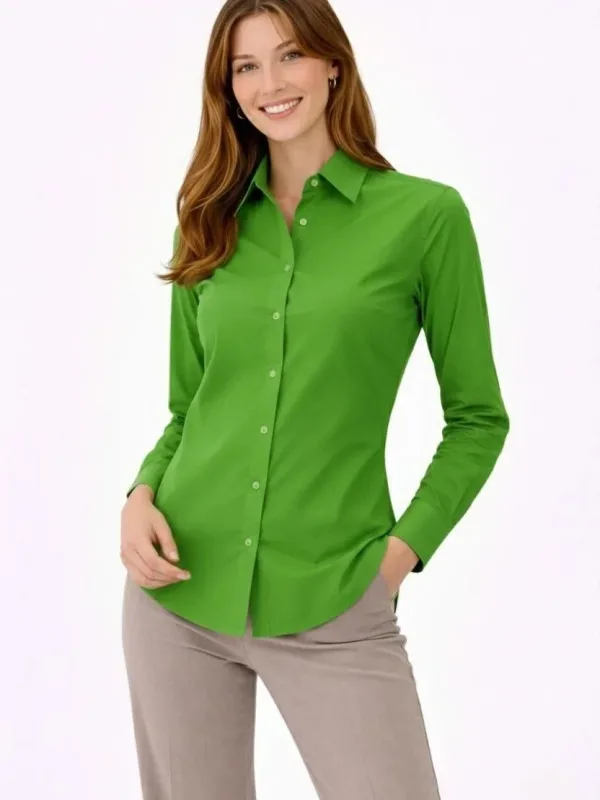 Women's Green Regular Classic Collar Buttoned Long Sleeve Shirt 2