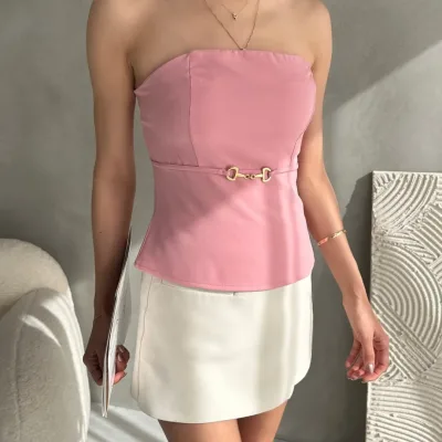 Bluzë Crepe Strapless me Detaje Kapëse në Bel Pluhur 3