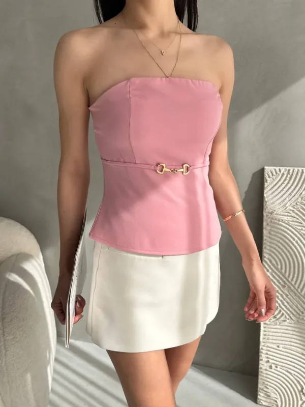 Bluzë Crepe Strapless me Detaje Kapëse në Bel Pluhur 3