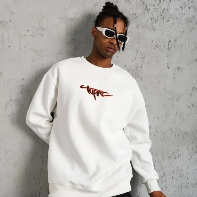Men's White 3-Thread Cotton Crew Neck Printed Sweatshirt
