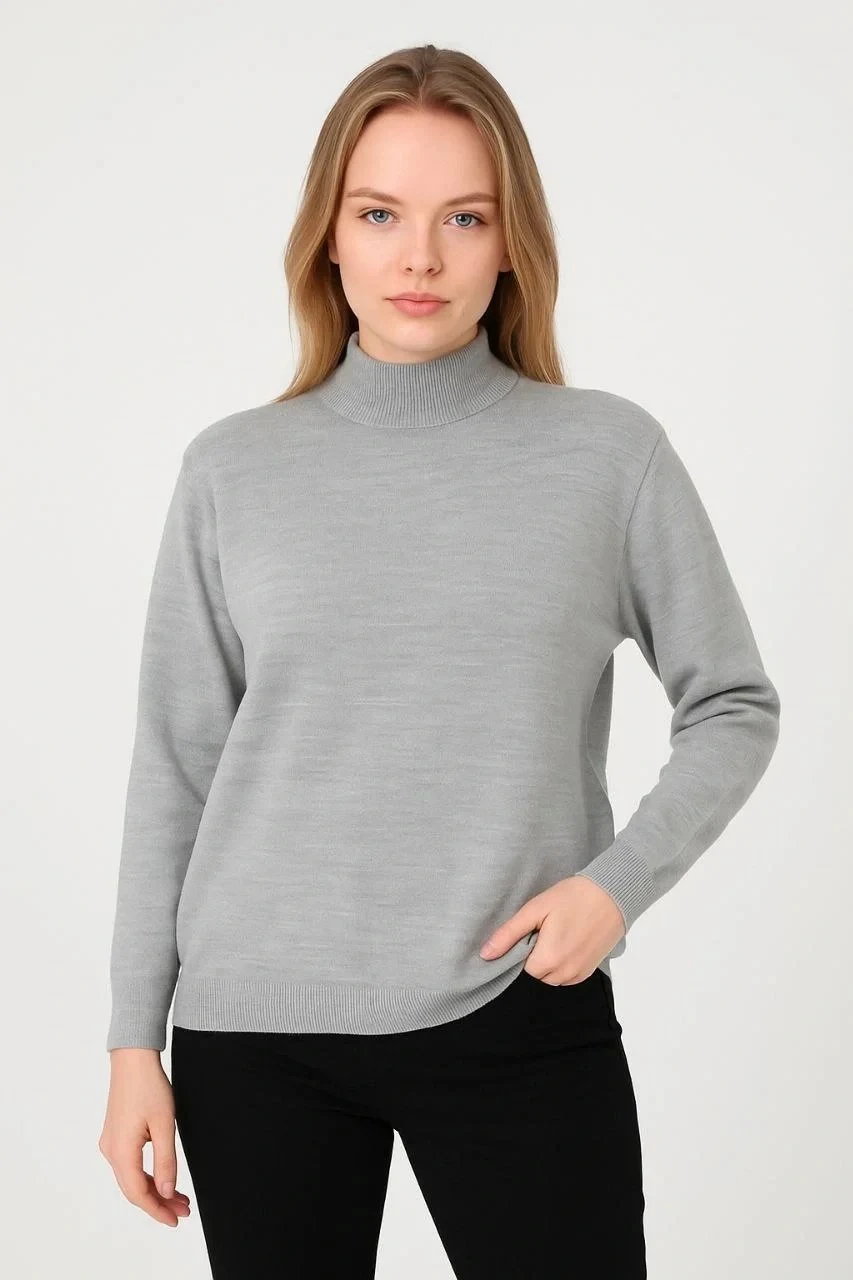 Women's Gray Soft Texture Half Turtleneck Cotton Knit Sweater