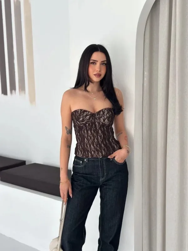 Dámský hnědý průhledný krajkový korzet, straplez crop top 3