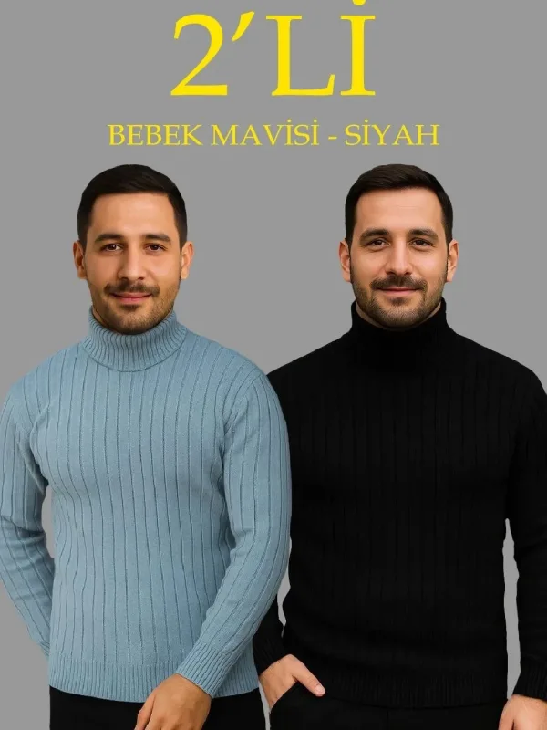 Muški plavo-crni 2-komplet rebrasti riblji vrat triko džemper set 1