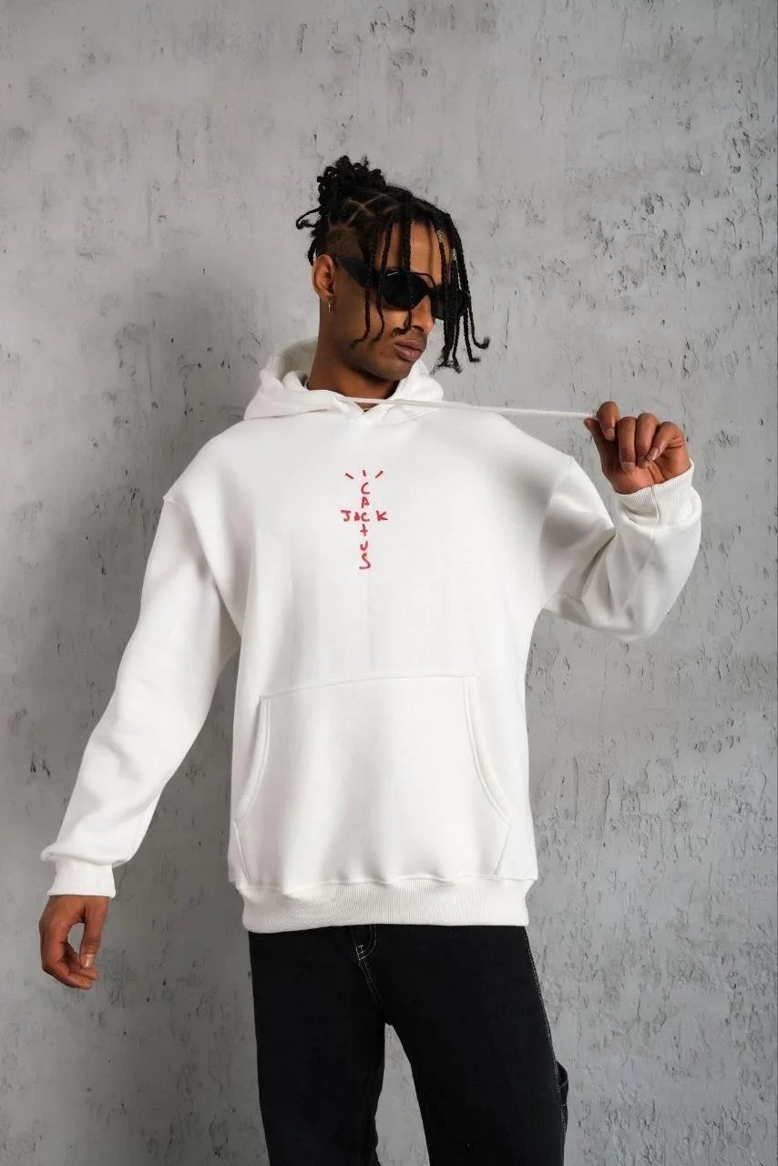 Ανδρικό Λευκό Φούτερ Hoodie με Κουκούλα, Λεπτομέρεια Κορδόνι Πίσω και Μαλλιά