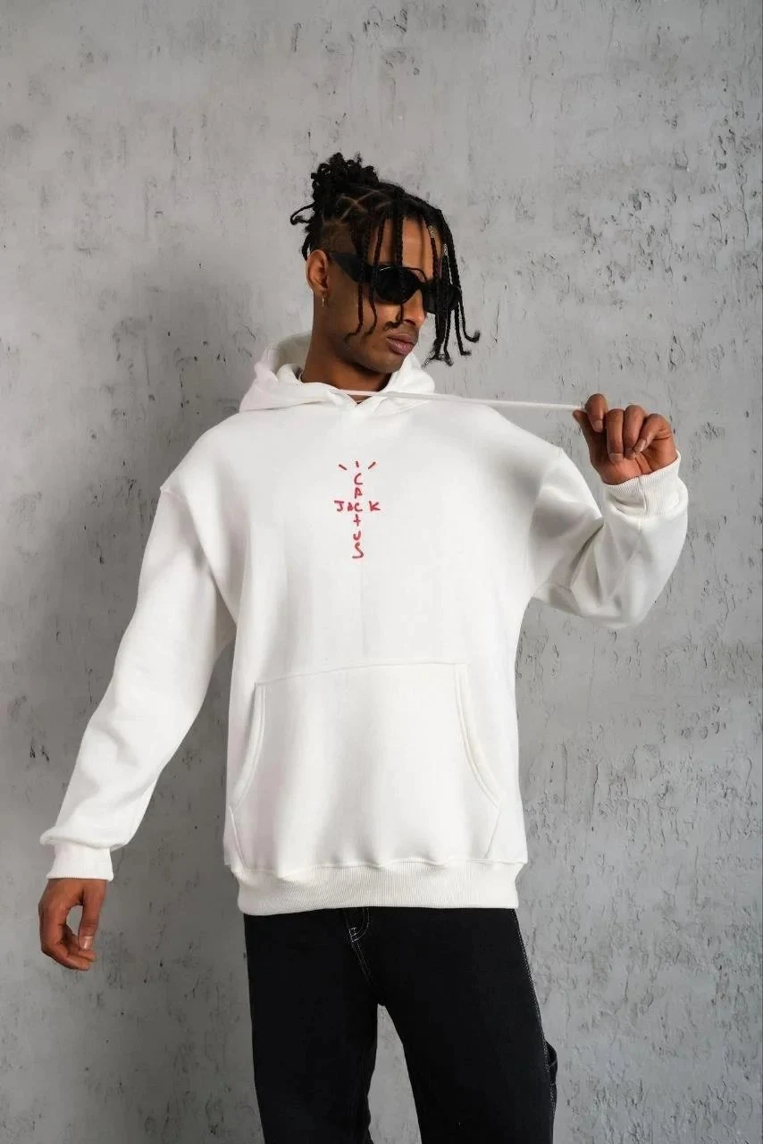 Men's White Back Drawstring Detail Hooded Sweatshirt with Hair