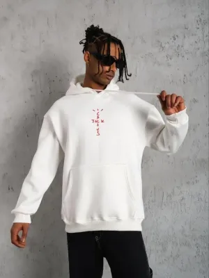 Ανδρικό Λευκό Φούτερ Hoodie με Κουκούλα, Λεπτομέρεια Κορδόνι Πίσω και Μαλλιά