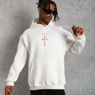 Men's White Back Drawstring Detail Hooded Sweatshirt with Hair 1