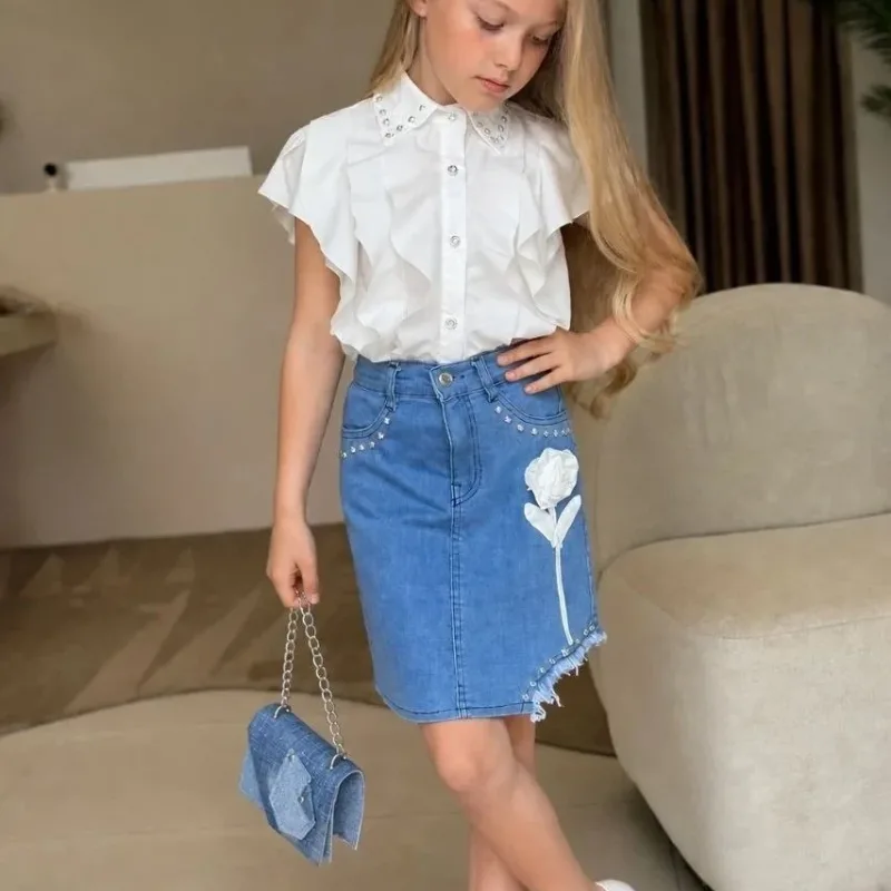 Fetiță Set 3 Piese Alb cu Volan, Fustă din Denim