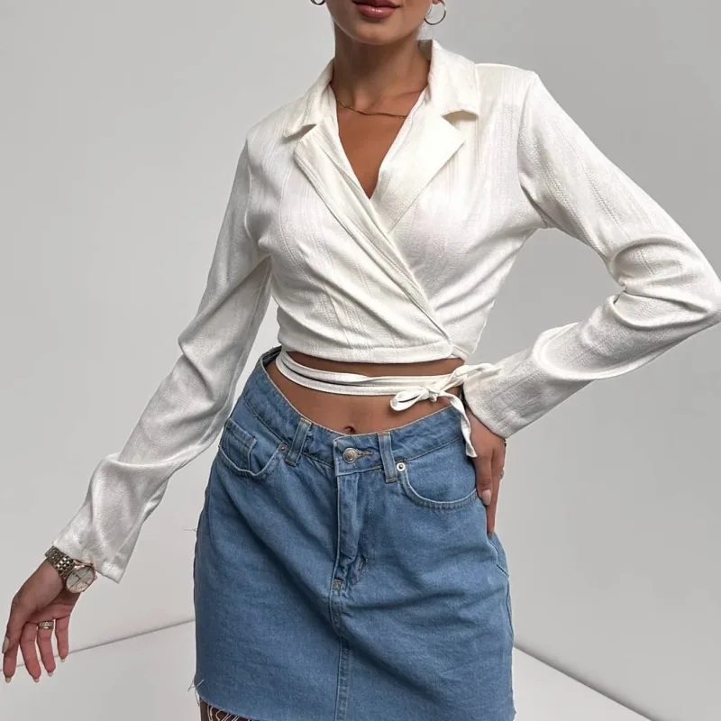 Köynək Yaka Beli Bağlamalı Crop Bluz Ağ