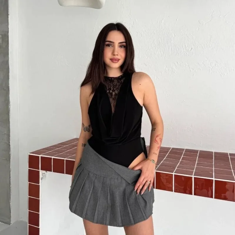 Ženski crni bez rukava čipka detalji duboki dekolte body