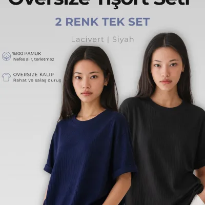 Koma 2 T-Shirtên Oversize yên Ribana yên Jinan %100 Pembû Reş û Şînê Tarî 1