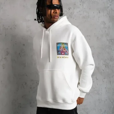 Men's White Oversize 3-Thread Cotton Hooded Printed Sweatshirt 5