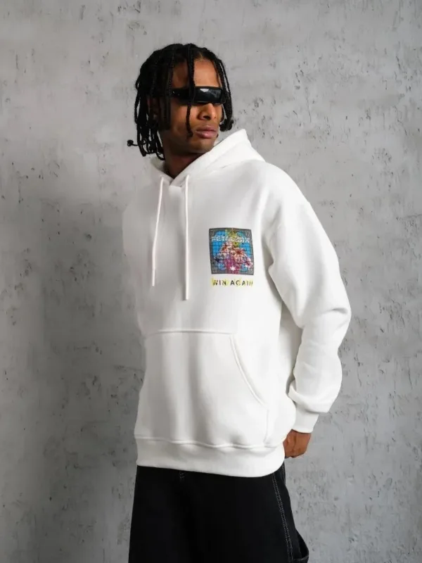 Men's White Oversize 3-Thread Cotton Hooded Printed Sweatshirt 5