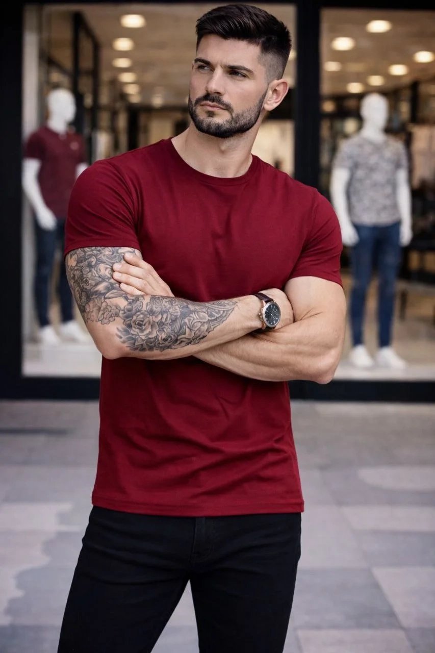 Ανδρικό Μπορντό Slim Fit Ποδήλατο Λαιμόκοψη Με Λύκρα Body Μπλουζάκι