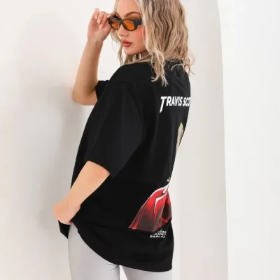 Ženski crni Oversize Bicikli kragna print svakodnevna majica 5