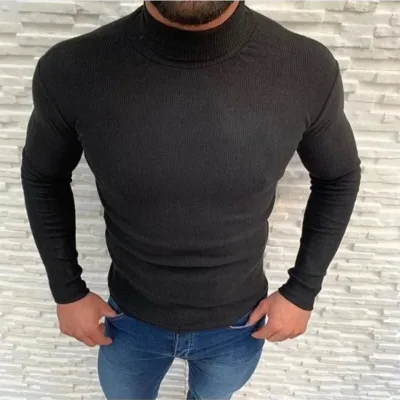 Férfi fekete elasztános bordázott garbós body pulóver 3