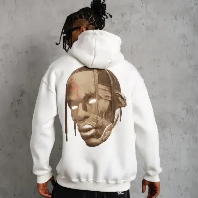 Men's White Back Drawstring Detail Hooded Sweatshirt with Hair 2