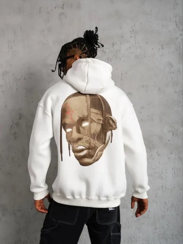 Men's White Back Drawstring Detail Hooded Sweatshirt with Hair 2