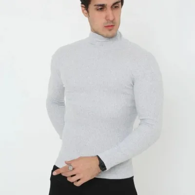 Pánské šedé slim fit lycrové žebrované rolák body 4