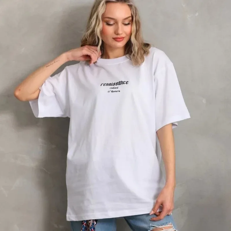 Women's White Oversize Bicycle Neck Printed Summer T-Shirt
